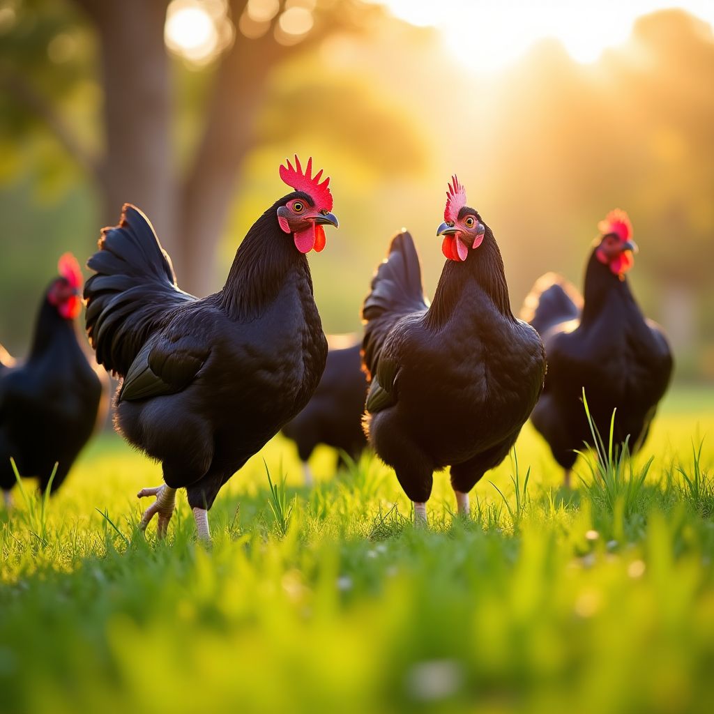 A healthy flock of Australorp chickens foraging in a green field.