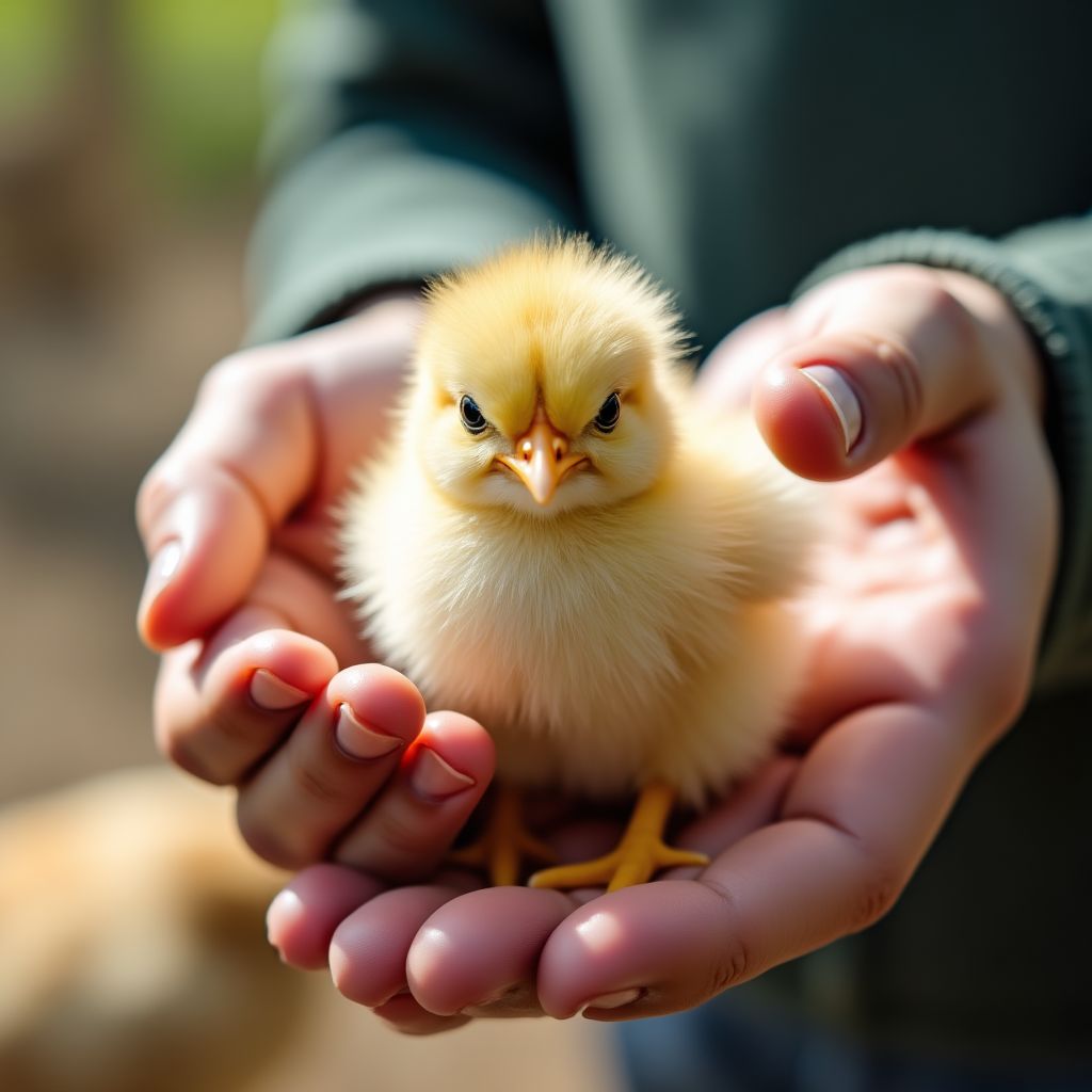 A person carefully inspecting a young chick.