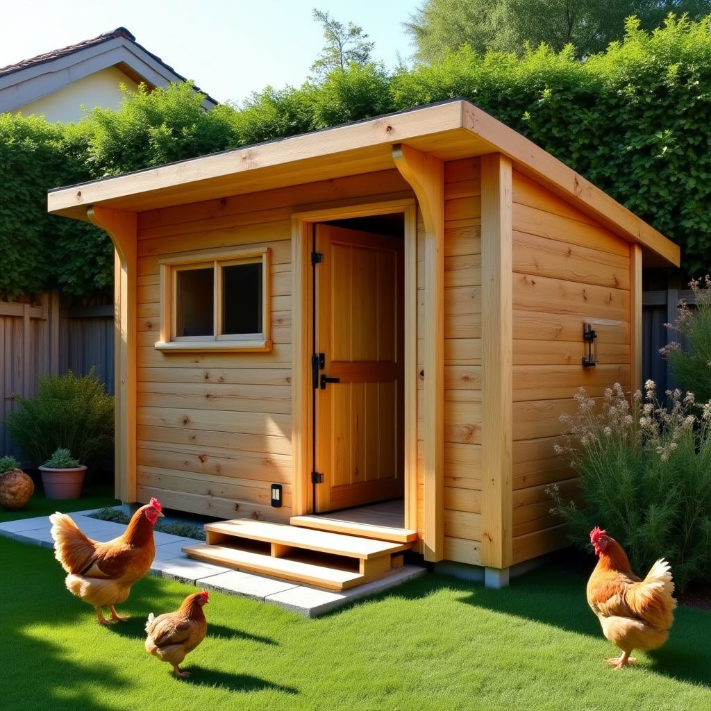 A well-built and clean chicken coop in a backyard setting.