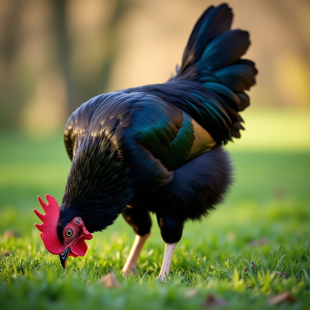 A black Australorp chicken in a green pasture.