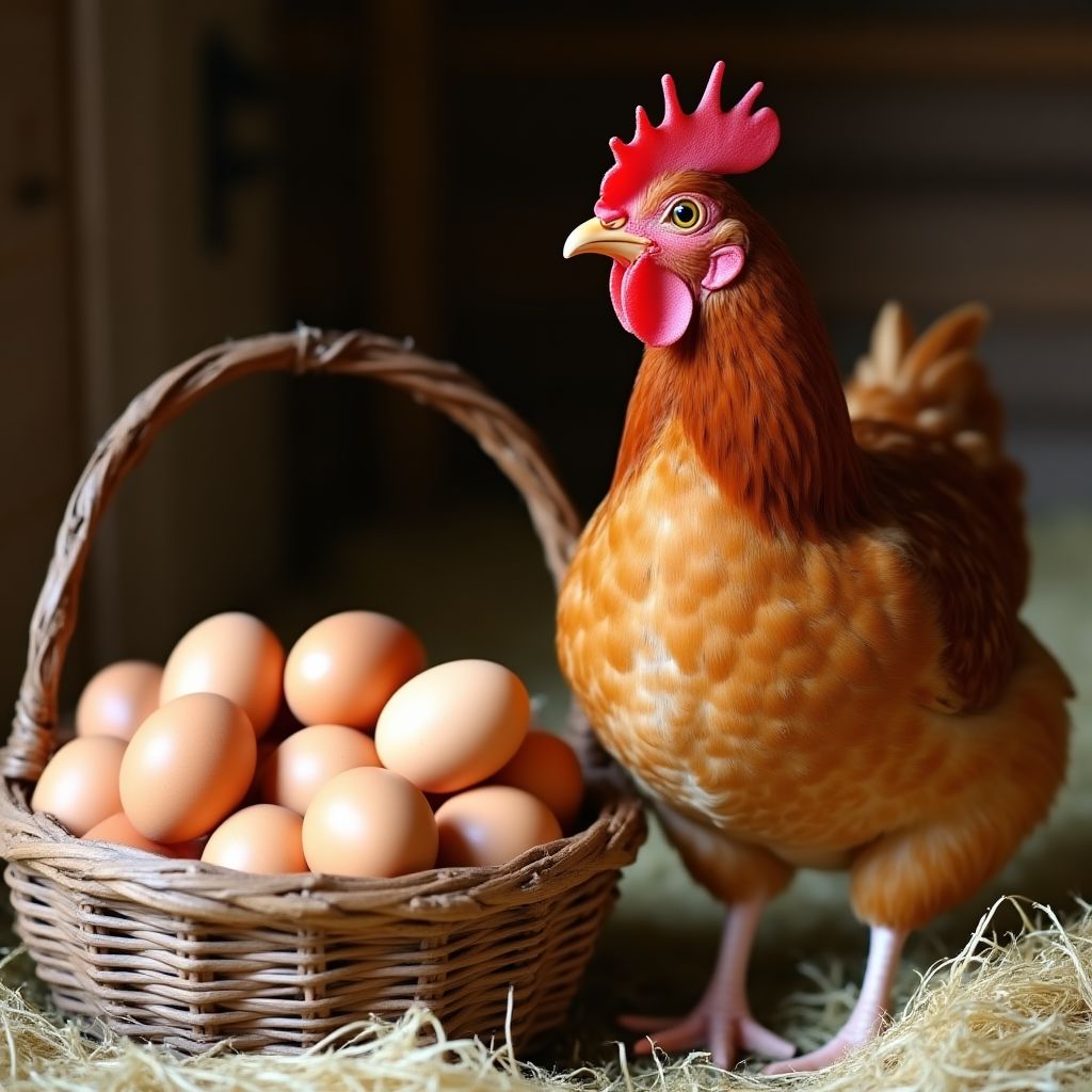 An Isa Brown hen next to a basket of brown eggs.