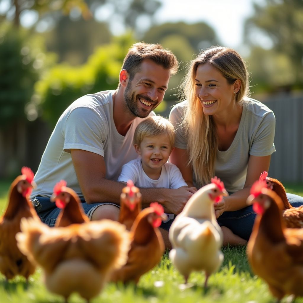 A family with their backyard chickens.