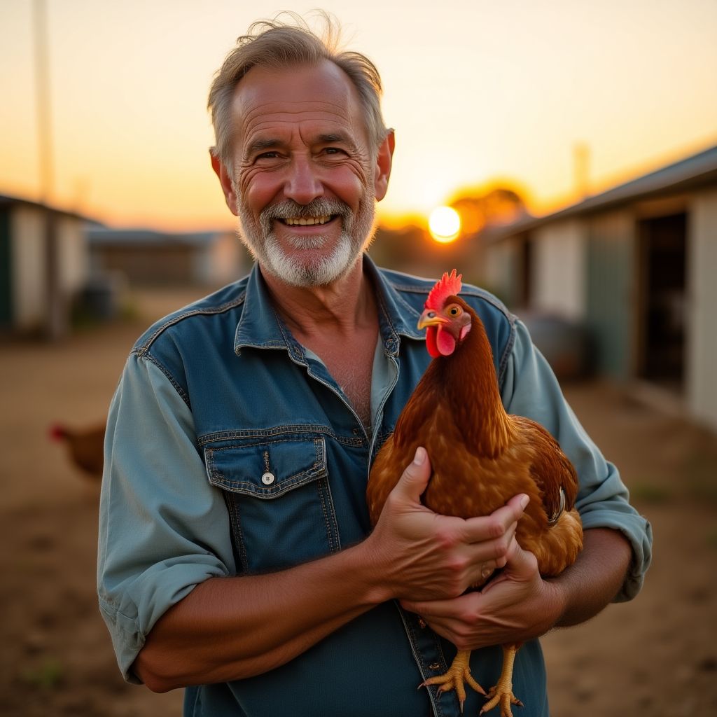 A farmer holding a healthy chicken.