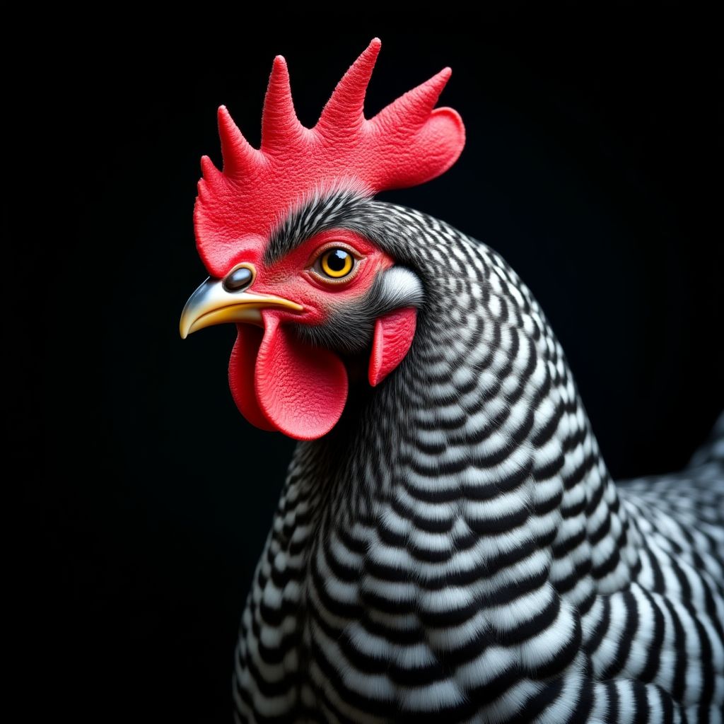 A Silver Laced Wyandotte chicken with intricate feather patterns.